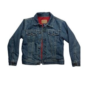 Gap Kids Boys Medium Wash Blue Denim Trucker Jacket Red Quilted Lined Size M 7-8